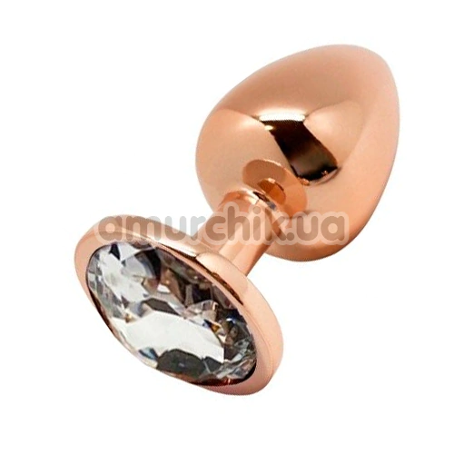Анальна пробка з прозорим кристалом Wooomy Tralalo Metal Plug M, золота - Фото №1