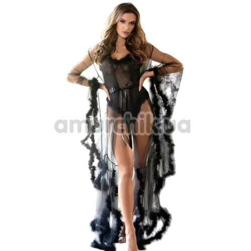 Комплект Star Night Sensual Feather Night Set, чорний: боді + пеньюар - Фото №1