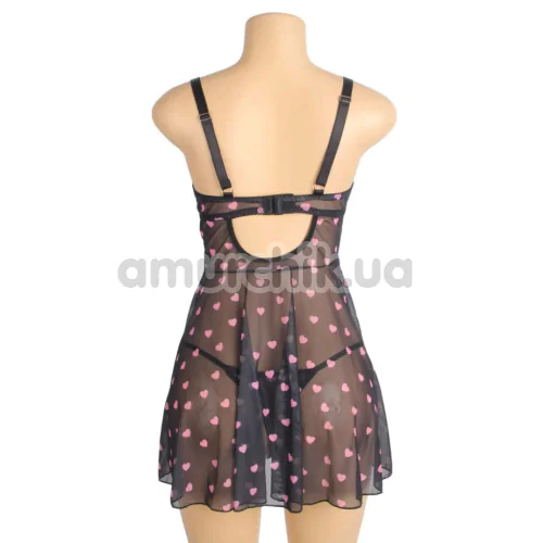 Комплект Star Night Sexy Black Lace Set With Heart Design, чорний: пеньюар + трусики-стрінги