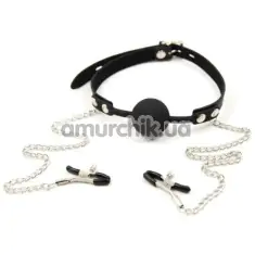 Кляп с зажимами для сосков DS Fetish Locking Gag With Nipple Clamps, черный - Фото №1