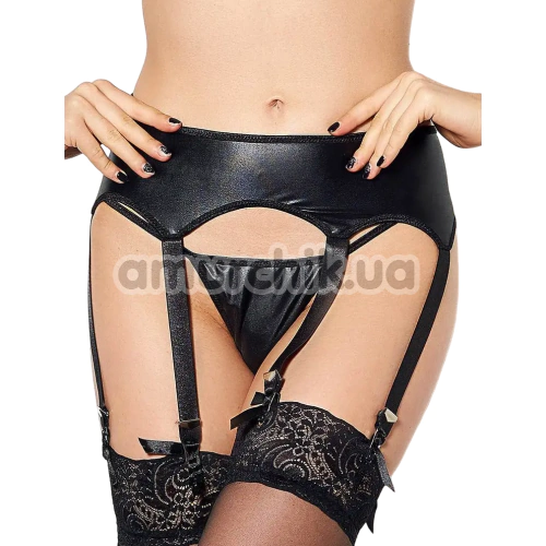 Комплект Star Night Leather-Look Garter Belt With Tiny Bows, черный: пояс для чулок + трусики-стринги - Фото №1