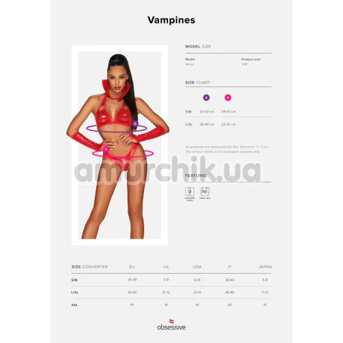 Костюм вампира Obsessive Vampines, красный: бюстгальтер + трусики-стринги + перчатки + воротничок