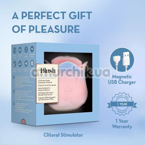 Клиторальный вибратор с подвижным язычком и губами Blush Kissing Rose, розово-голубой