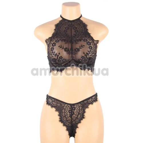 Комплект Star Night High-Neck Floral Eyelash Lace Set, чорний: топ + трусики