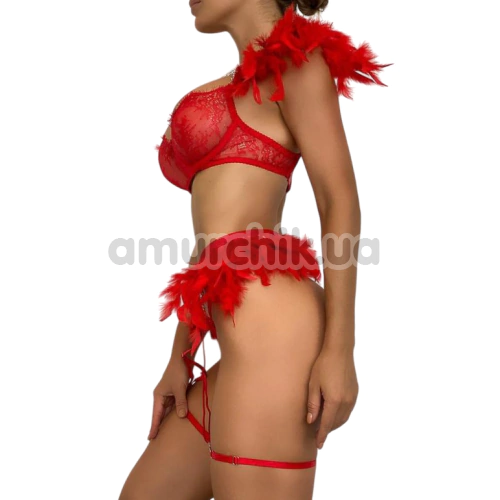 Комплект Star Night Sensual Feather & Chains, красный: бюстгальтер + трусики-стринги + пояс для чулок + гартеры