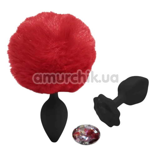 Анальна пробка з прозорим кристалом і червоним хвостиком Alume Silicone Plug With Tail S, чорна