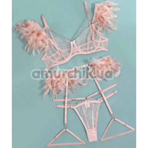 Комплект Star Night Sensual Feather & Chains, розовый: бюстгальтер + трусики-стринги + пояс для чулок + гартеры