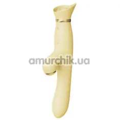 Вибратор с вакуумным стимулятором и толчками Zalo Rose Rabbit Thruster, желтый - Фото №1