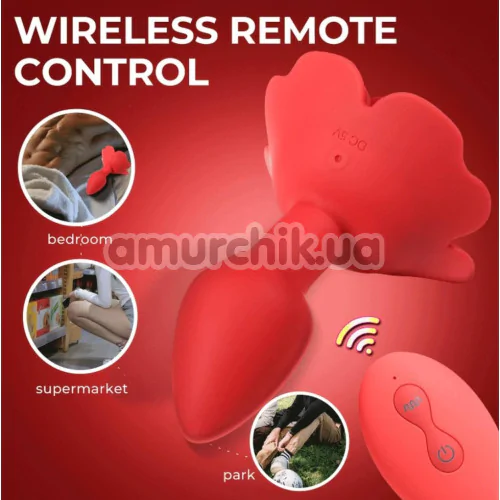 Анальная пробка с вибрацией и ротацией Boss Series Rotating Butt Plug Flower, красная