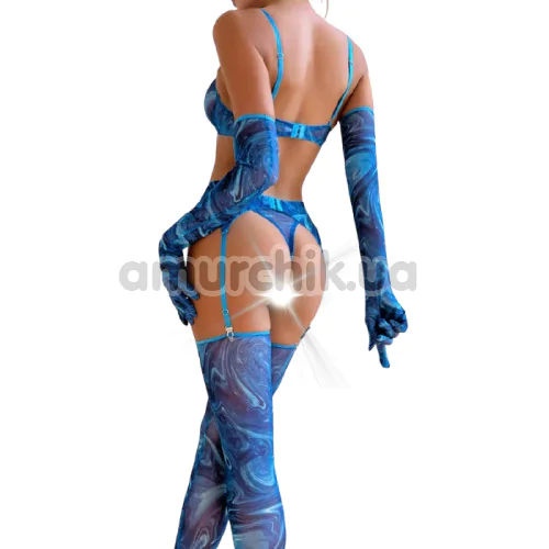 Комплект Star Night Mesh Printed Sexy Bra Set, синий: бюстгальтер + трусики-стринги + пояс для чулок + чулки + перчатки