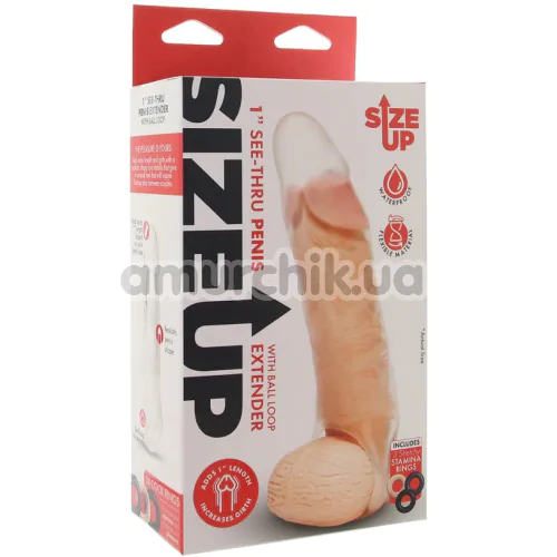 Насадка на пенис Size Up 1 Inch See-Thru Penis Extender With Ball Loop, прозрачная