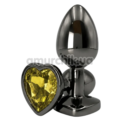 Анальна пробка з жовтим кристалом Alume Metal Heart Plug S, чорна
