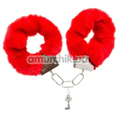 Наручники з червоним хутром DS Fetish Handcuffs, срібні - Фото №1