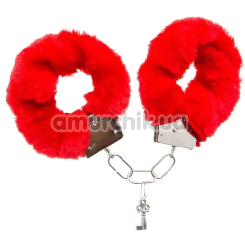 Наручники з червоним хутром DS Fetish Handcuffs, срібні - Фото №1