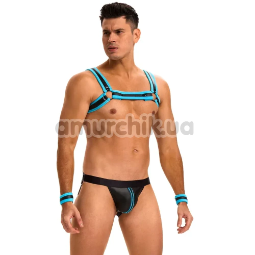 Комплект мужской Star Night Men's Set With Harness & Wrist Restraints, черно-голубой: портупея + трусы-джоки + фиксаторы для рук