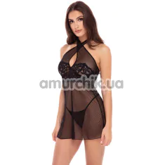 Комплект 2PC Midnight Halter Chemise Set, черный: пеньюар + трусики-стринги - Фото №1