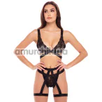 Комплект 3-Piece Strap and Garters Set, чорний: бюстгальтер + трусики-стрінги + пояс з гартерами - Фото №1