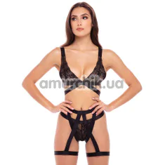 Комплект 3-Piece Strap and Garters Set, черный: бюстгальтер + трусики-стринги + пояс с гартерами - Фото №1