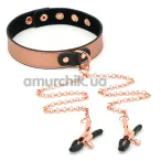 Нашийник з затискачами для сосків Liebe Seele Rose Gold Memory Thin Leather Collar with Nipple Clamps, золото-чорний - Фото №1