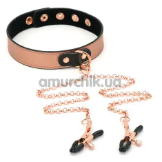 Нашийник з затискачами для сосків Liebe Seele Rose Gold Memory Thin Leather Collar with Nipple Clamps, золото-чорний - Фото №1
