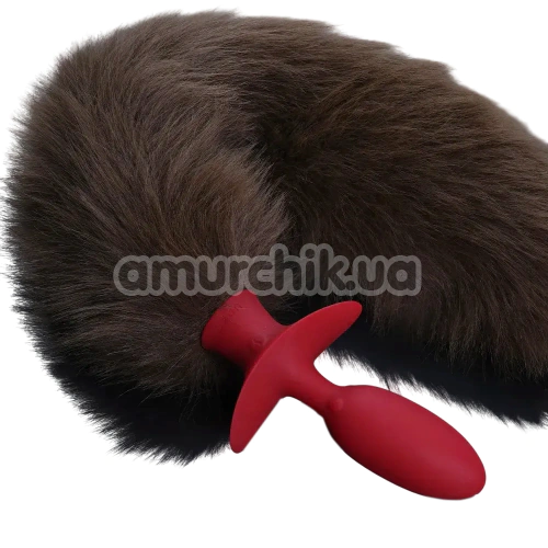 Анальная пробка с коричневым хвостиком, вибрацией и ротацией  Upko Swinging & Vibrating Anal Plug, красная