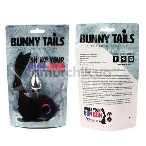 Анальная пробка с черным хвостиком FeelzToys Bunny Tails, серебряная