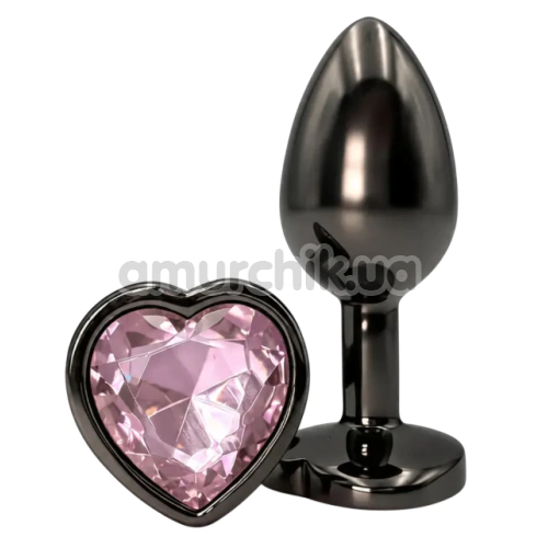 Анальна пробка з рожевим кристалом Alume Metal Heart Plug M, чорна - Фото №1