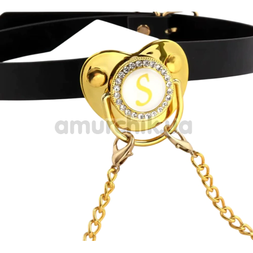 Кляп с зажимами для сосков DS Fetish Pacifier Gag With Nipple Clamps, черно-золотой