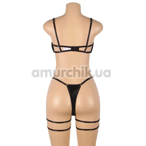 Комплект Star Night Openable Bow Sexy Bra Set, черный: бюстгальтер + трусики-стринги + гартеры