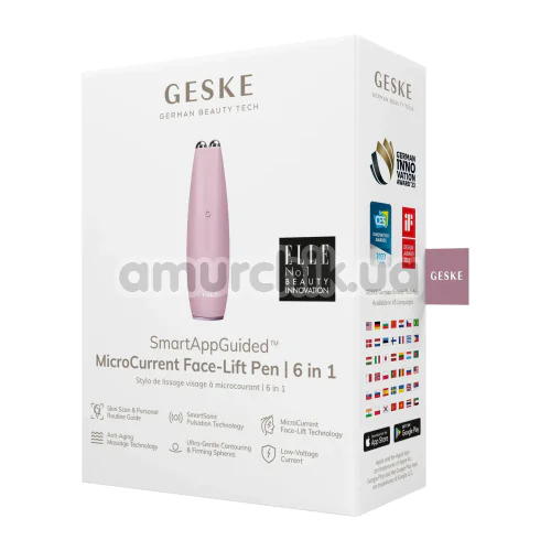 Микротоковая ручка для подтяжки кожи лица Geske MicroCurrent Face-Lift Pen 6 in 1, светло-розовая