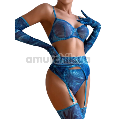 Комплект Star Night Mesh Printed Sexy Bra Set, синий: бюстгальтер + трусики-стринги + пояс для чулок + чулки + перчатки