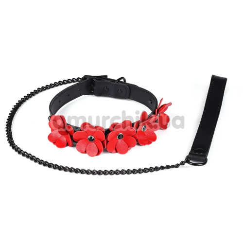 Ошейник с поводком Liebe Seele Flower Rhythm Leather Collar With Leash, черно-красный - Фото №1