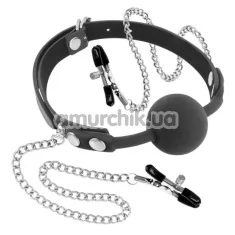 Кляп с зажимами для сосков Fetish Tentation Silicone Gag Ball with Nipple Clamps, черный - Фото №1