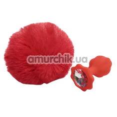 Анальная пробка с прозрачным кристаллом и красным хвостиком Alume Silicone Plug With Tail S, красная - Фото №1