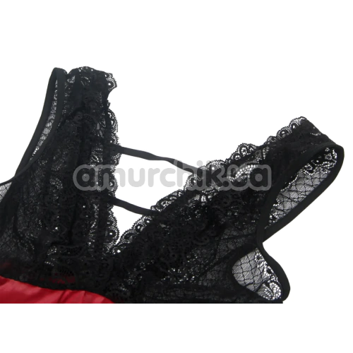 Комплект Star Night Mesh And Faux Leather Lingerie Chemise, чорно-бордовий: пеньюар +  пояс з нашийником та фіксаторами + трусики-стрінги