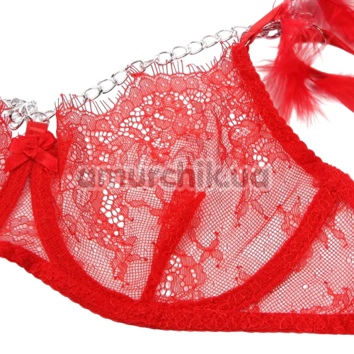 Комплект Star Night Sensual Feather & Chains, красный: бюстгальтер + трусики-стринги + пояс для чулок + гартеры