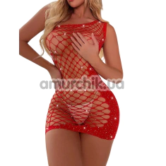 Сукня Star Night Hollow Out Single Shoulder Rhinestone Fishnet Dress, червона - Фото №1