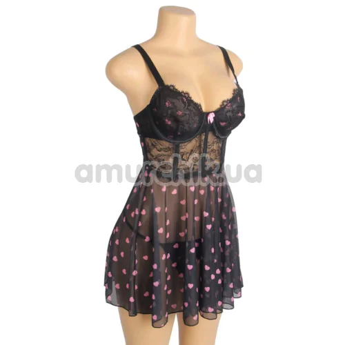 Комплект Star Night Sexy Black Lace Set With Heart Design, чорний: пеньюар + трусики-стрінги