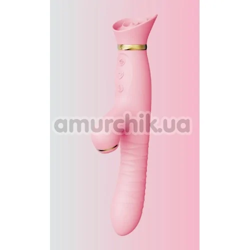 Вибратор с вакуумным стимулятором и толчками Zalo Rose Rabbit Thruster, розовый