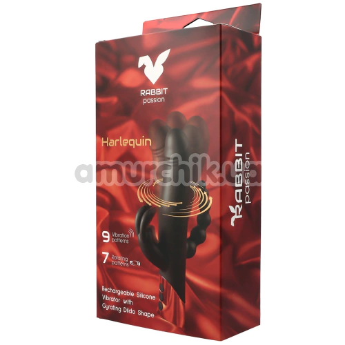 Анально-вагинально-клиторальный вибратор c ротацией Virgite Rabbit Passion Harlequin, черный