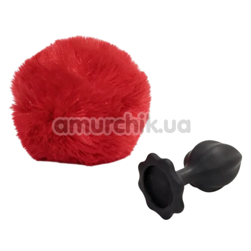 Анальна пробка з прозорим кристалом і червоним хвостиком Alume Silicone Plug With Tail S, чорна