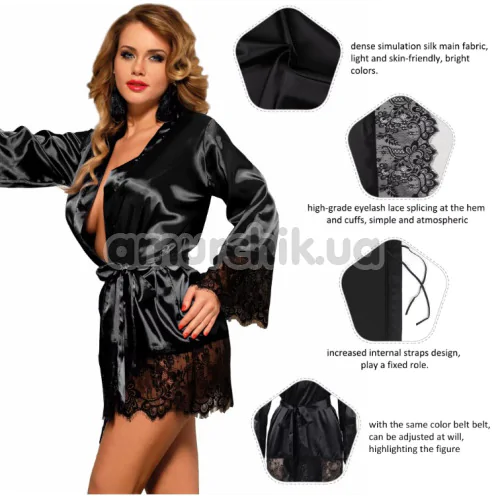 Комплект Star Night Satin Silk Erotic Nightgown, чорний: халатик + трусики-стрінги