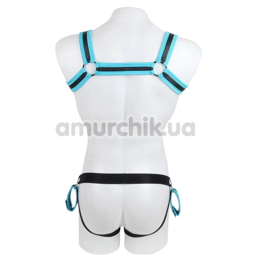 Комплект мужской Star Night Men's Set With Harness & Wrist Restraints, черно-голубой: портупея + трусы-джоки + фиксаторы для рук