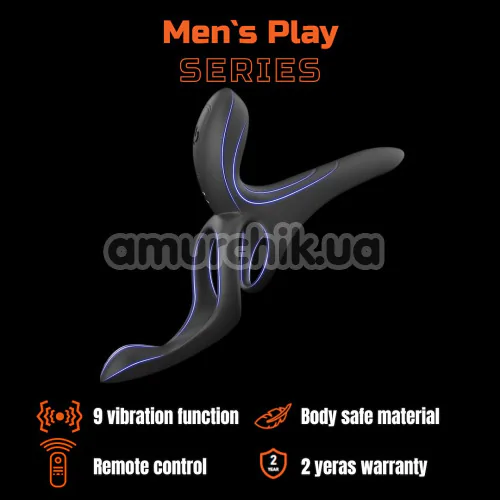 Насадка на пенис с вибрацией Men's Play Vibrating Cock Ring With Clitoral & Taint Stimulation B11, черная