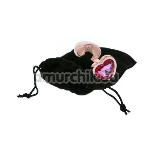 Анальная пробка с розовым кристаллом Gleaming Love Gold Plug Heart M, золотая