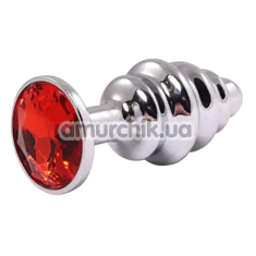 Анальная пробка с красным кристаллом Fantasy Toys Butt Plug Diamond Metal Ribbed M, серебряная - Фото №1
