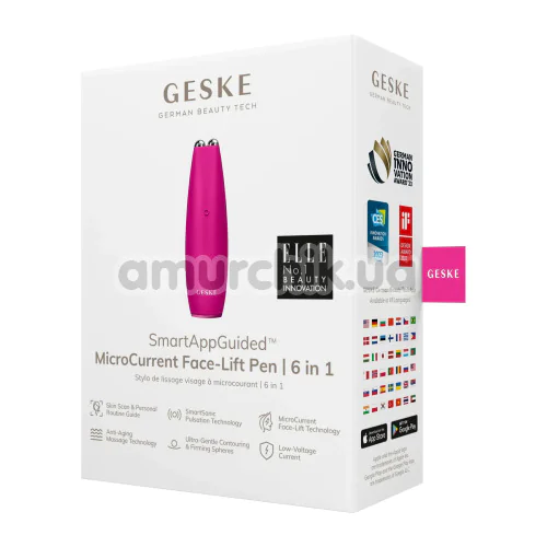 Микротоковая ручка для подтяжки кожи лица Geske MicroCurrent Face-Lift Pen 6 in 1, ярко-розовая