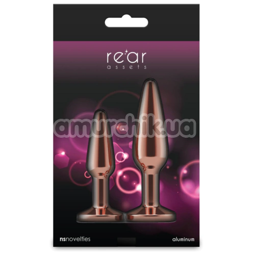 Набор анальных пробок с розовым кристаллом Rear Assets 2pc Tapered Metal Plug Kit, розово-золотой