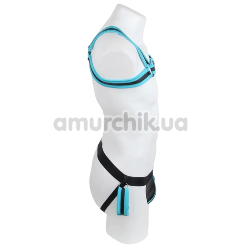 Комплект мужской Star Night Men's Set With Harness & Wrist Restraints, черно-голубой: портупея + трусы-джоки + фиксаторы для рук