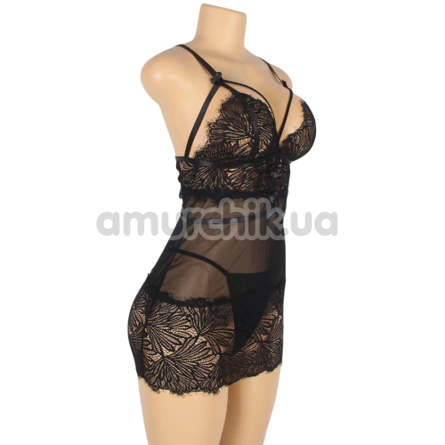 Комплект Star Night Sexy Floral Lace Babydoll, чорний: пеньюар + трусики-стрінги